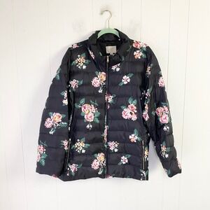 Loft Plus Women Black Floral Puffer Jacket Size 22 Full Zip Quilted Coat
